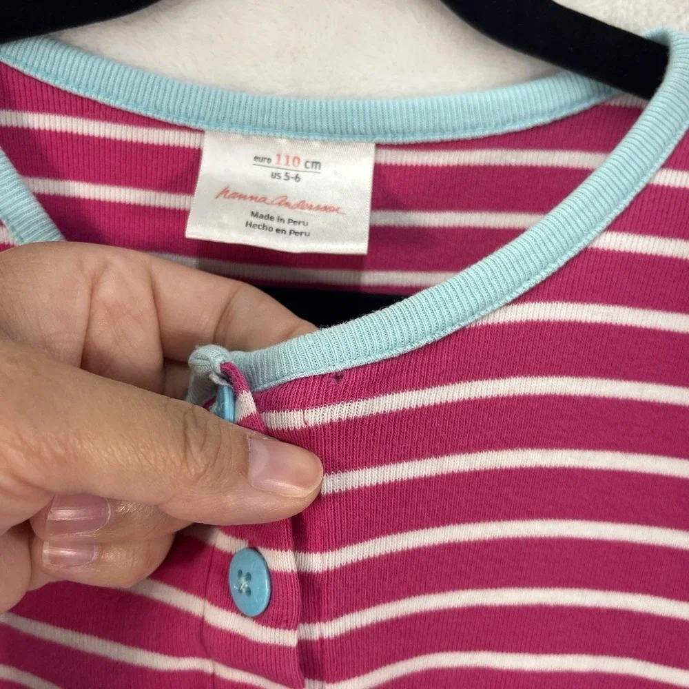 Hanna Andersson Button Front Striped Dress Girls 5-6Y Summer Coastal Cotton